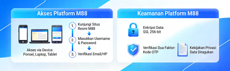 Animasi informasi tentang akses dan keamanan platform M88 di Indonesia